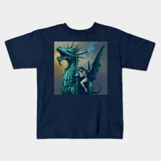 The Copper Green Dragon Statue And Lonely Girl Kids T-Shirt